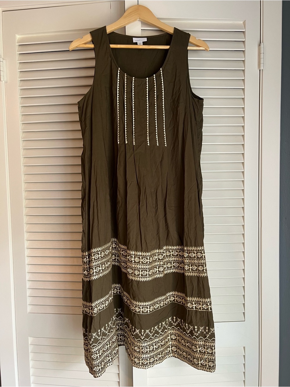 Pure Jill Elements Olive Embroidered Cotton Midi Dress M